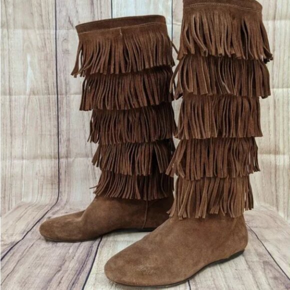 JOIE Fringe Flat Boot 38 Boho Cognac Suede - Picture 1 of 6